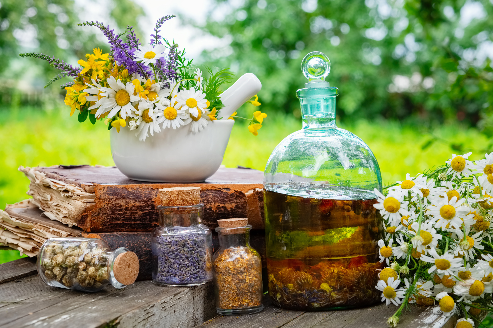 Mortar of Healing Herbs and Bottles of Healthy Essential Oil